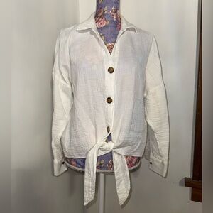 LOFT Cream Button-Down Shirt with Tie Front
